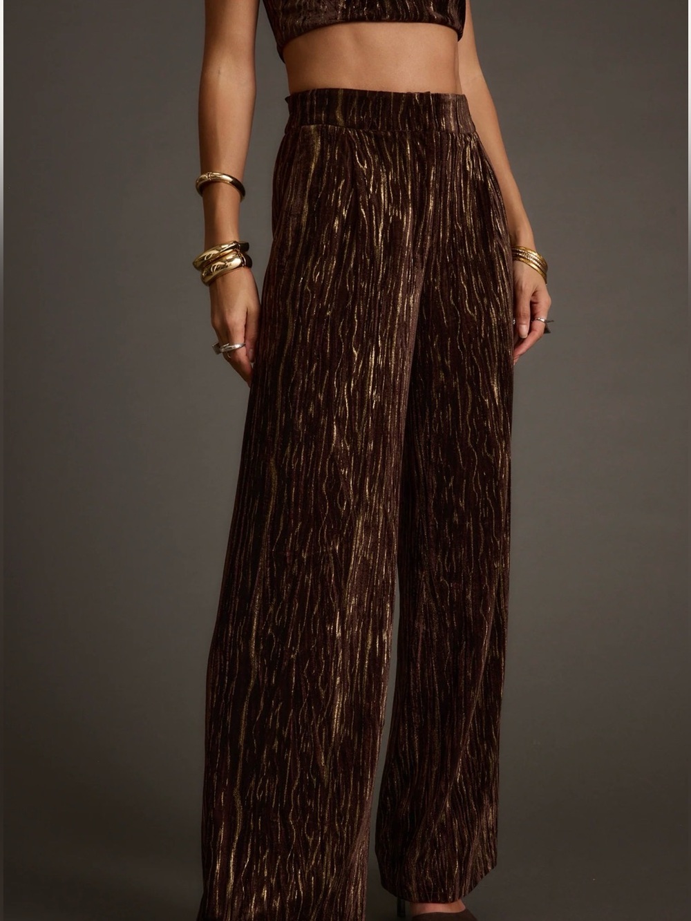 12th Tribe Metallic Brown Wide-Leg Pants with Matching Crop Top